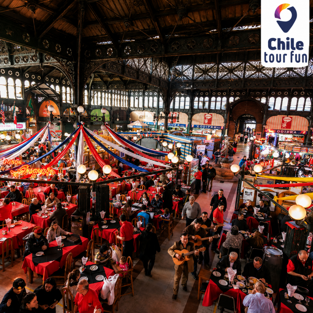 Visitantes disfrutando la gastronomía chilena en el Mercado Central de Santiago durante nuestro City Tour.