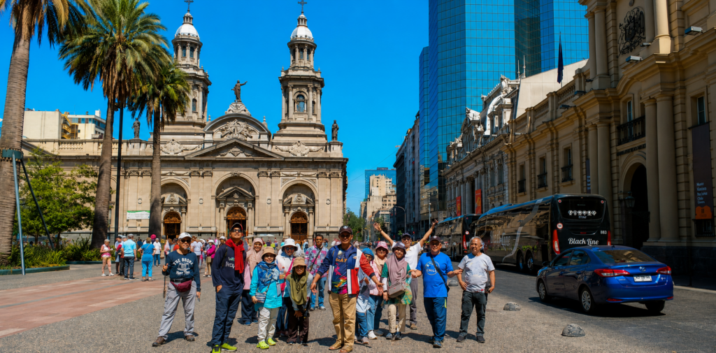 Pasajeros recorriendo la Plaza de Armas de Santiago durante nuestro City Tour, con la Catedral Metropolitana al fondo.