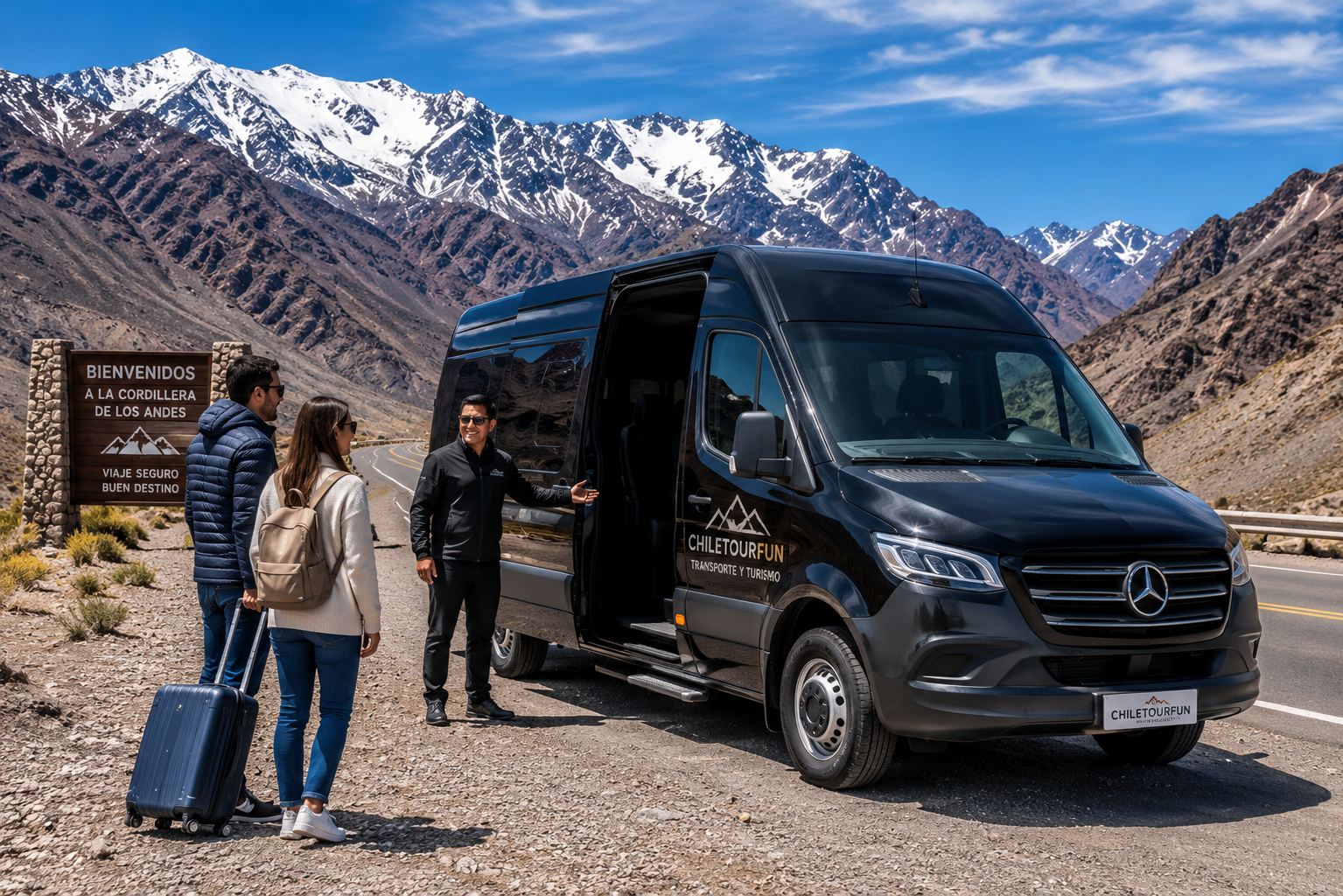 Transfer privado de Mendoza a Santiago Chile con vehículo cómodo recorriendo la Cordillera de los Andes para un viaje seguro y confortable.