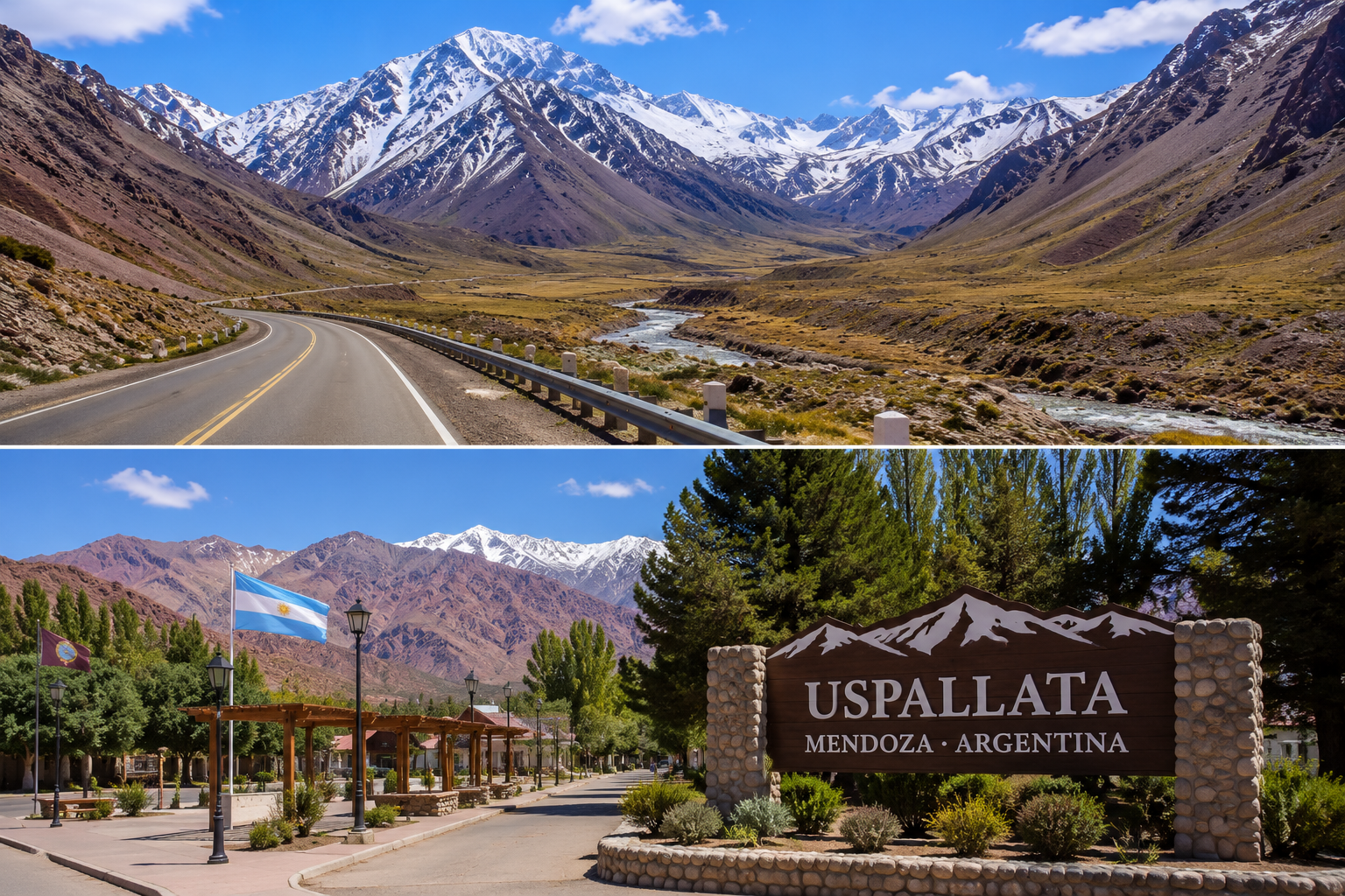 Entrada al pueblo de Uspallata durante el Transfer Privado entre Mendoza y Santiago de Chile.