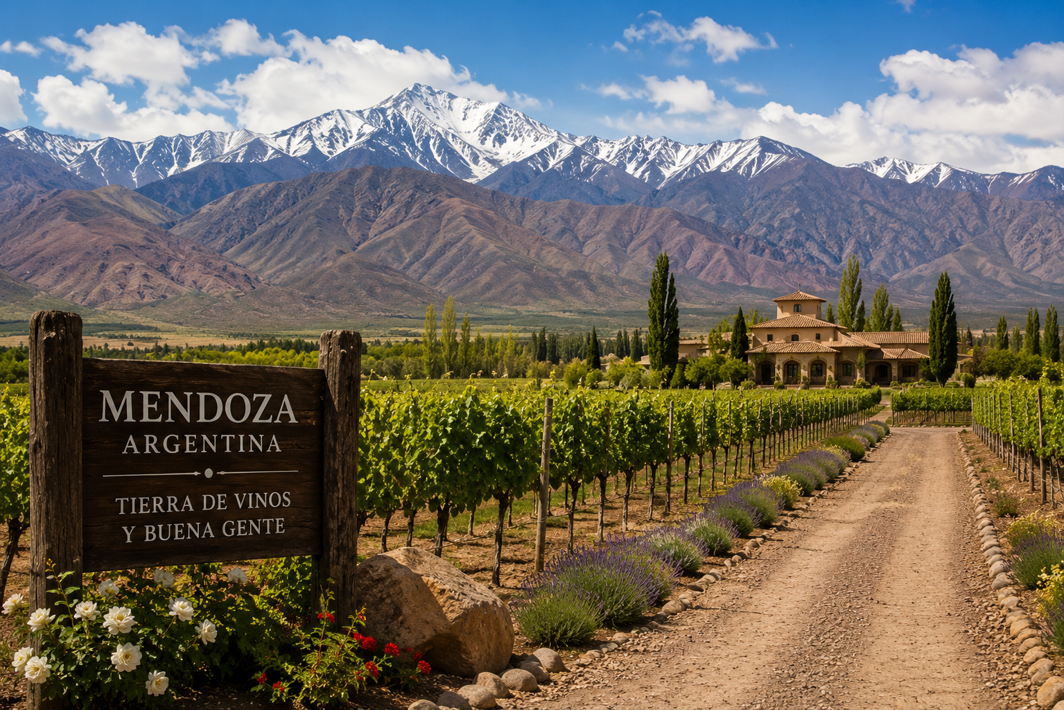 Viñedos de Mendoza con la Cordillera de los Andes durante el Transfer Privado entre Mendoza y Santiago de Chile.