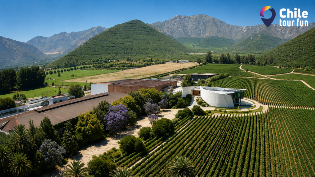 Viñedos de Chile rodeados de montañas de los Andes y paisaje vitivinícola