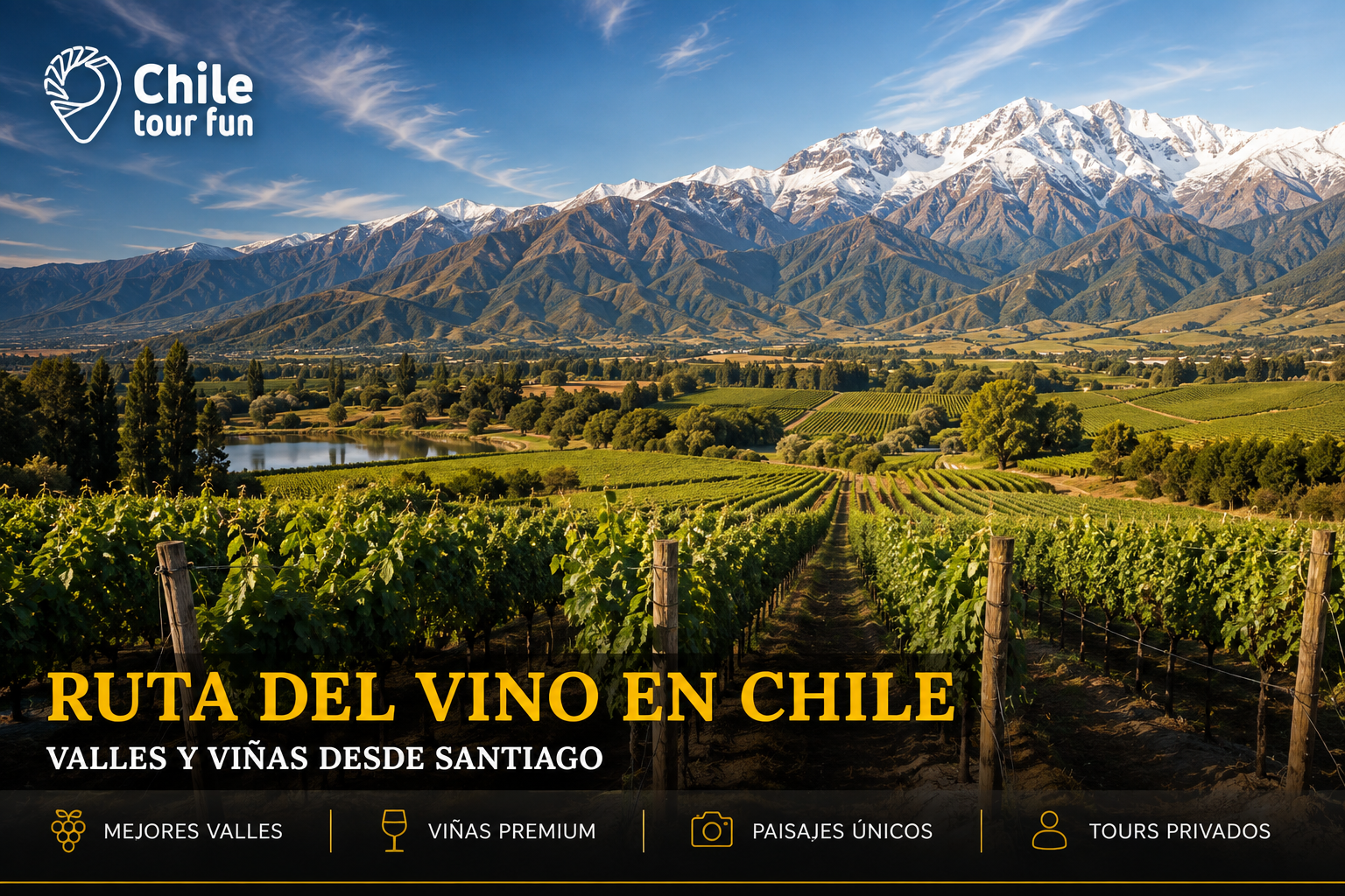 Ruta del vino en Chile con viñedos y montañas de los Andes