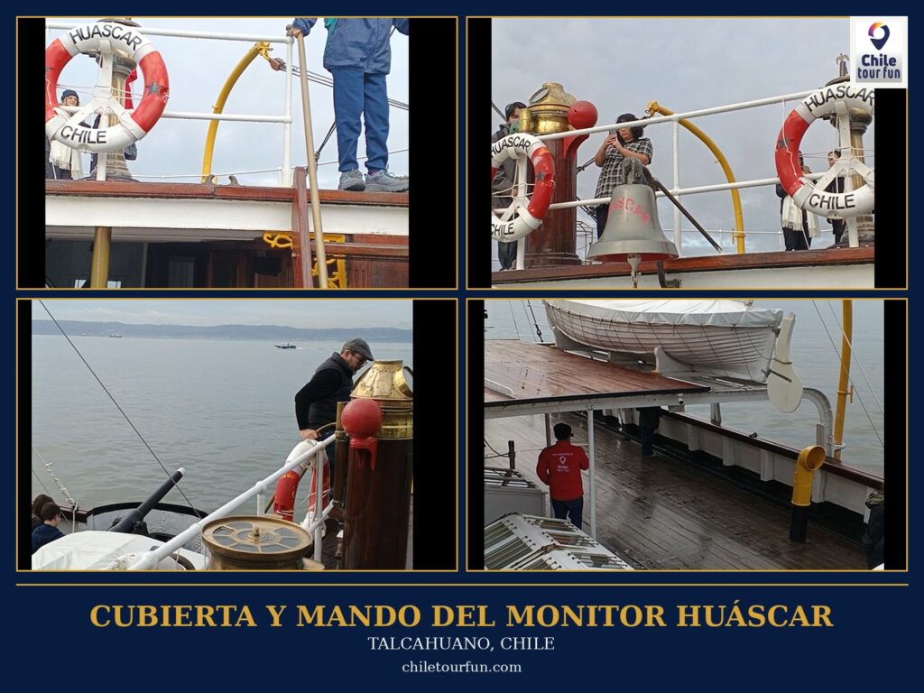 Cubierta y elementos de mando del Monitor Huáscar en Talcahuano, Chile