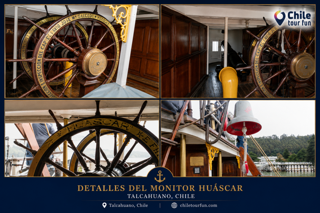 Detalles del Monitor Huáscar en Talcahuano, Chile, incluyendo el timón, cañón y campana del histórico buque