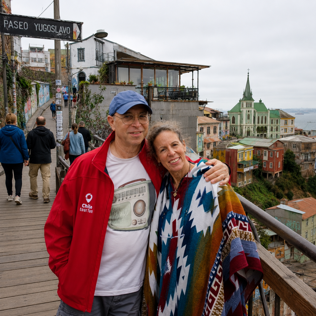 Turistas recorriendo el Paseo Yugoslavo en Valparaíso con vista a los cerros patrimoniales durante un tour desde Santiago.