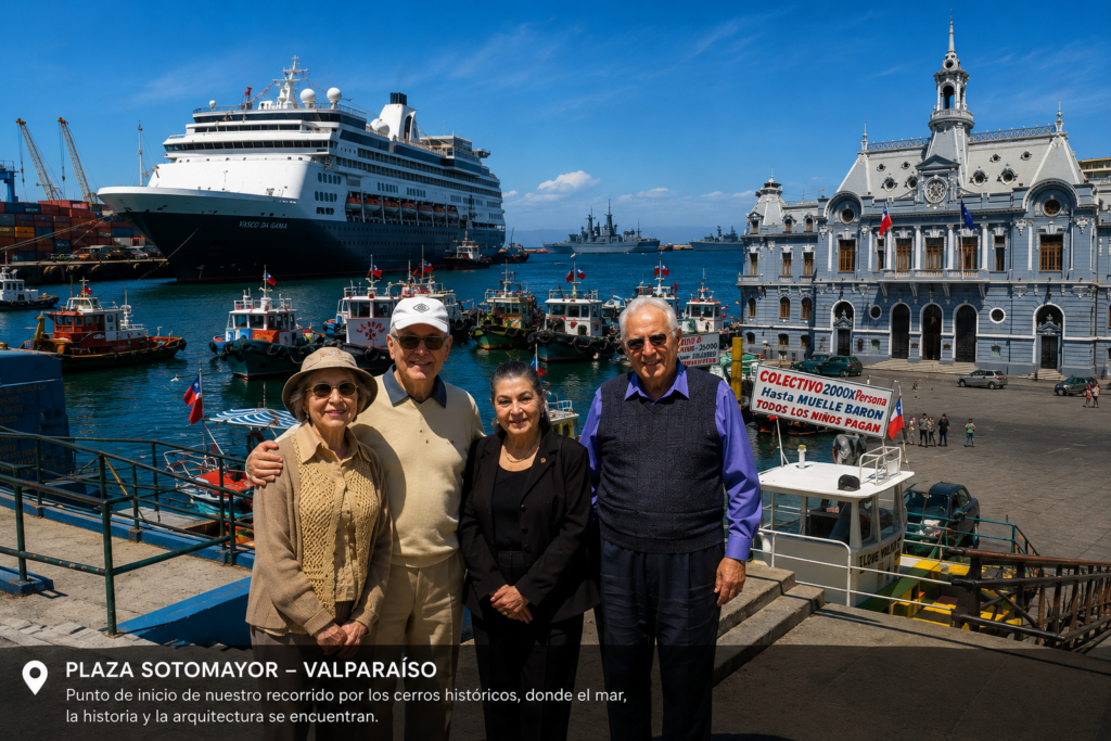 Turistas en Plaza Sotomayor con vista al puerto, crucero y edificios históricos durante un tour por Valparaíso desde Santiago.