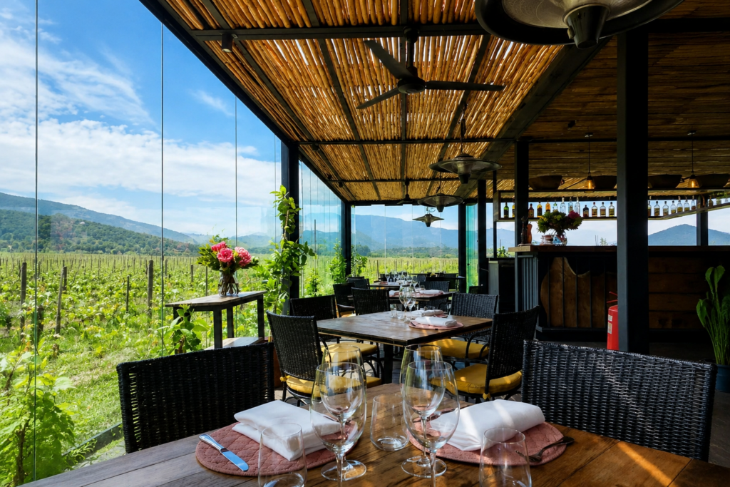 Terraza del Restaurante Fuegos de Apalta con vista a los viñedos del Valle de Colchagua, lugar recomendado para almorzar durante el Tour Privado.