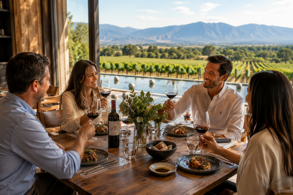 Almuerzo gourmet en el restaurante Pavilion de Viña Vik con vistas a los viñedos del Valle del Millahue