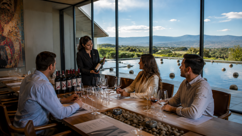 Degustación Premium de vinos en Viña Vik durante un tour privado en el Valle de Cachapoal, Chile.