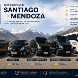 Flota de vehículos para transfer privado Santiago a Mendoza de ChileTourFun, incluyendo Hyundai Staria, Hyundai H1, Mercedes Sprinter y bus de turismo.
