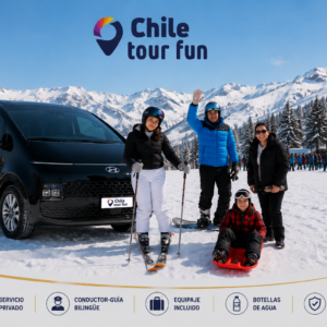 Transfer privado desde Santiago a Termas de Chillán con familia disfrutando la nieve y vehículo Hyundai Staria de Chile Tour Fun.